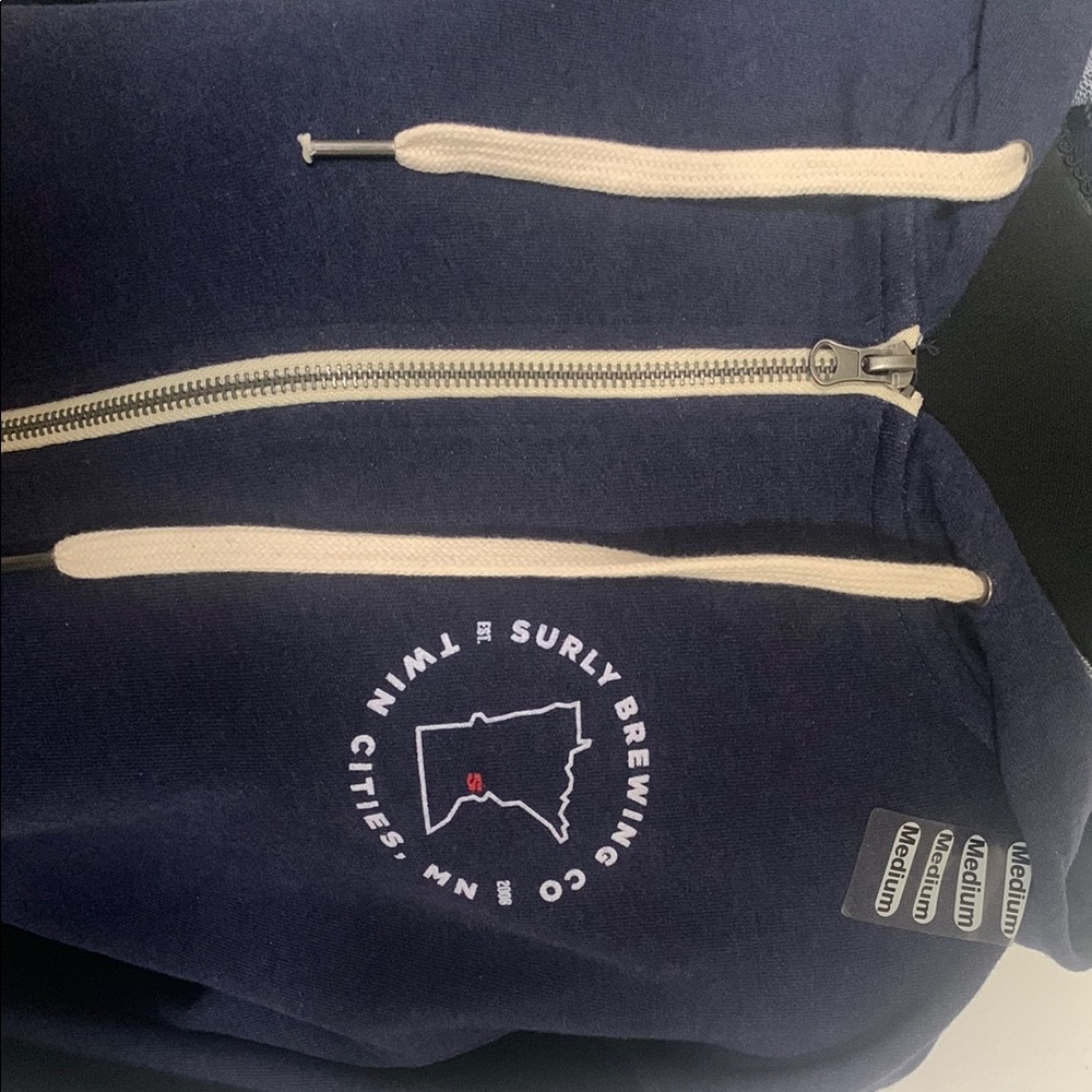 NWT Surly Brewing Co. Blue and Cream Zip-Up Hoodie with Ribbed Cuffs - Picture 3 of 5